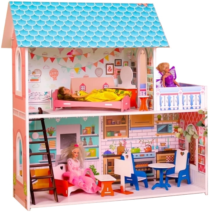 Кукольный домик с мебелью SUNNYTOY Бирюзовый подарок двухэтажный
