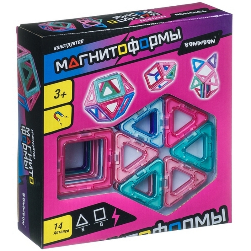 Фото Магнитный конструктор Bondibon Магнитоформы - 14 деталей (6 квадратов, 8 треугольников)