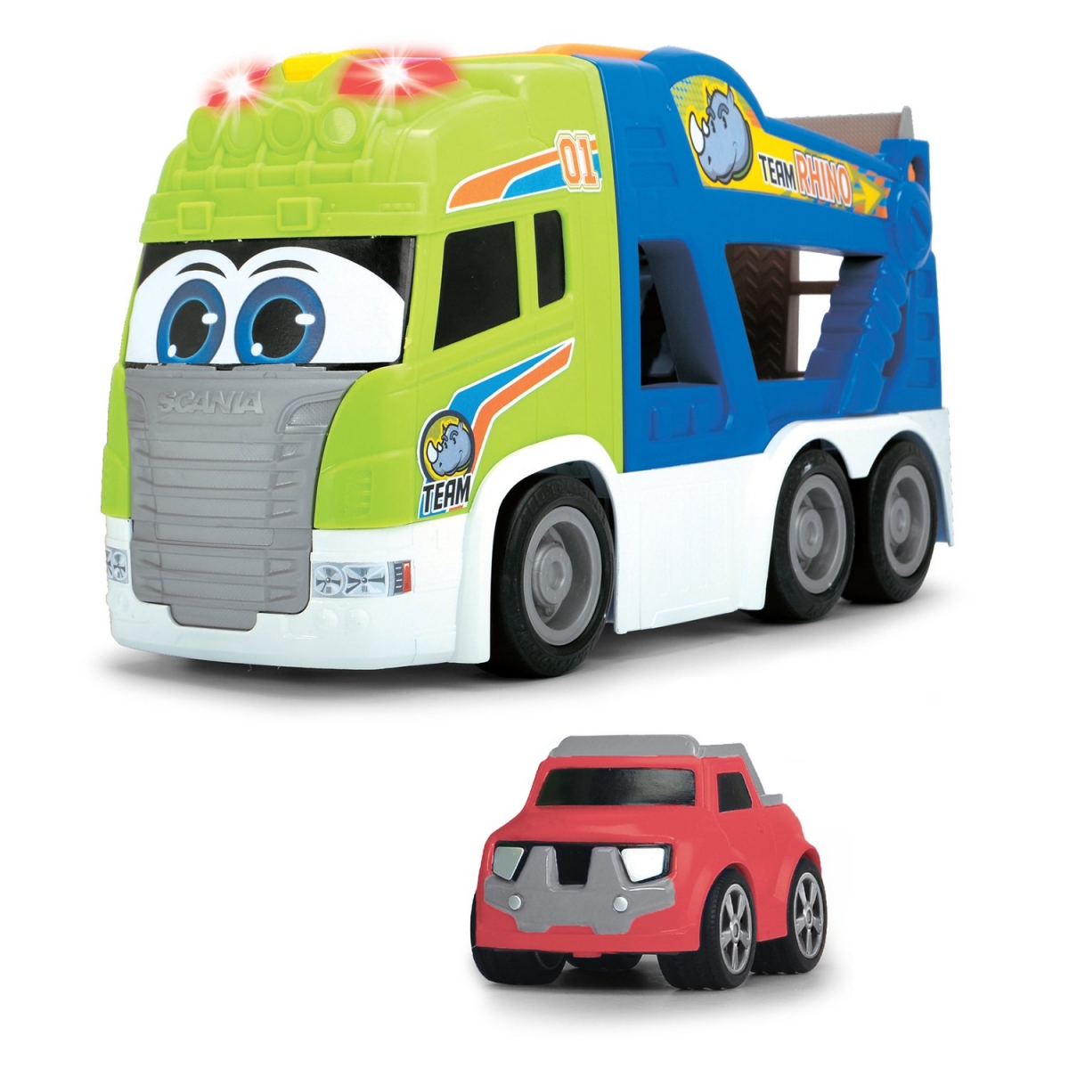 Фото Транспортер Dickie Happy Scania с платформой для выгрузки и машинкой