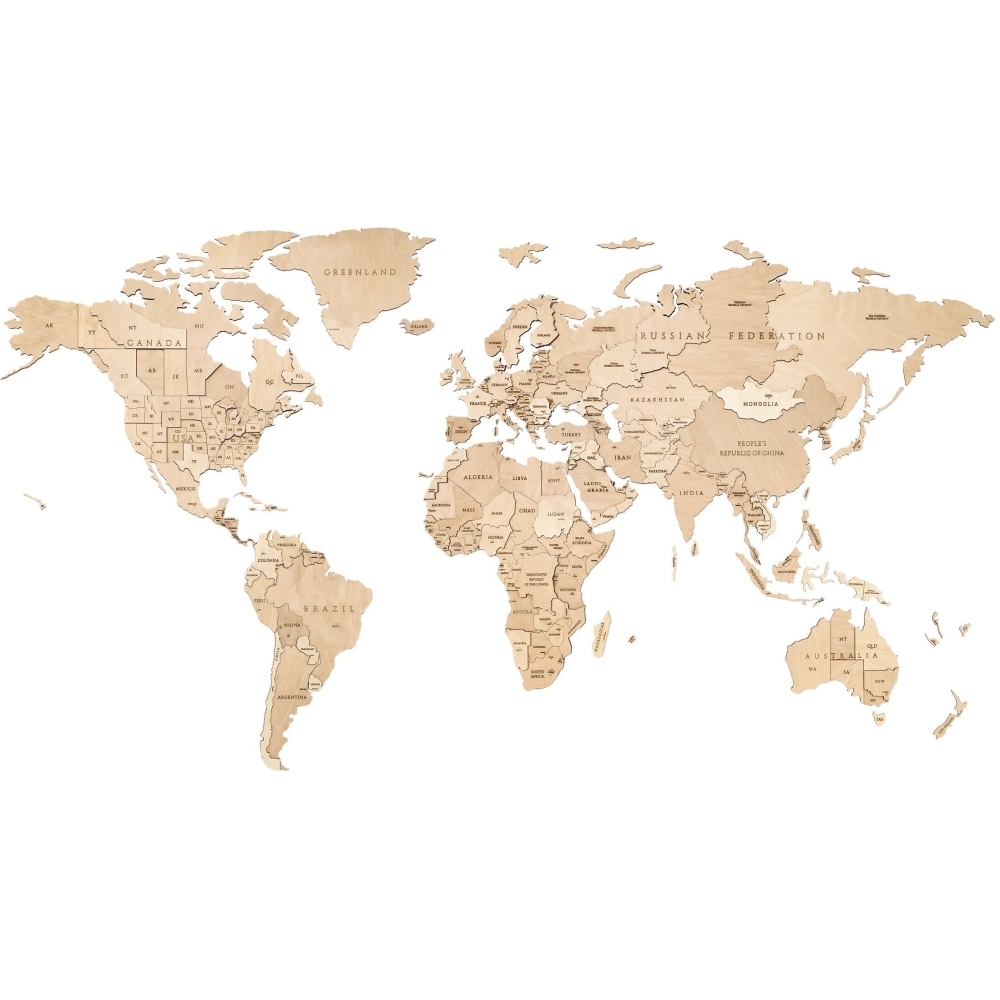 Фото Деревянная настенная Карта мира EWA объемная 3 уровня S - натуральная